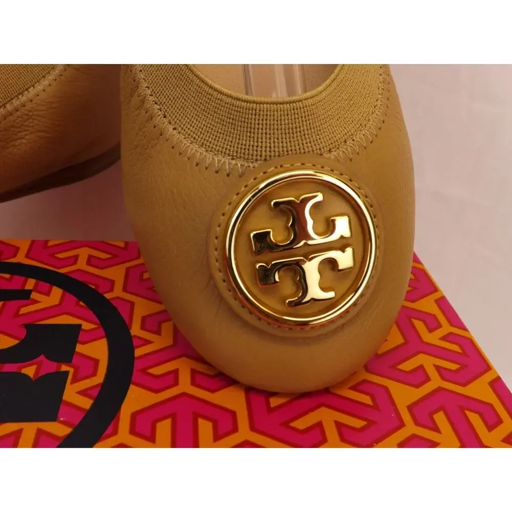 NIB TORY BURCH CAROLINE 2 DARK SAND LEATHER GOLD REVA NELLIE BALLET FLATS 7.5
